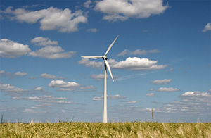 Modern wind energy plant in rural scenery.