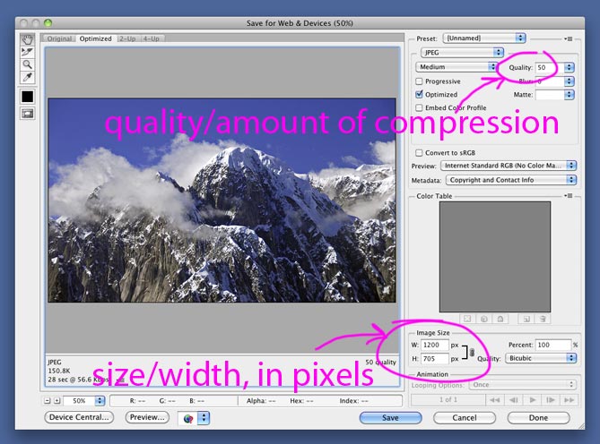 Optimizing an image: applying compression to make the file size smaller, so it will load faster.